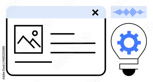 Browser window with photo icon, text lines, audio waveform, and light bulb with gear. Ideal for design, creativity, technology, innovation, concepts digital tools simple flat metaphor