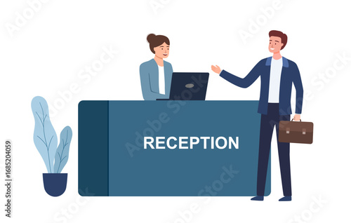Reception desk with customer at reception on isolated background, Receptionist hotel, vector illustration.