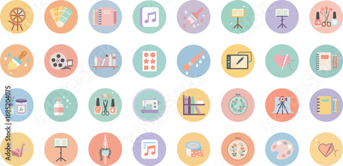 32 flat pastel circular icons of creative and artistic tools