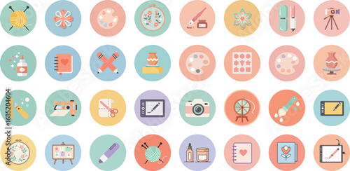 32 flat pastel circular icons representing creative activities