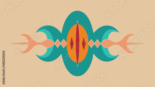 Abstract Geometric Ornament With Symmetrical Design In Teal Orange And Peach vector illustration