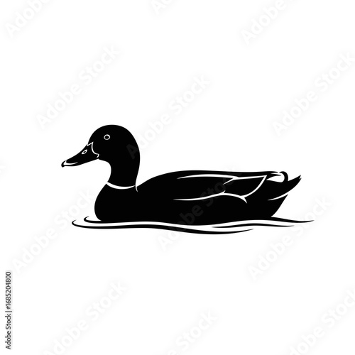 Black silhouette of a duck swimming on water isolated on white background silhouette