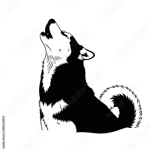 Husky dog howling silhouette isolated on white background