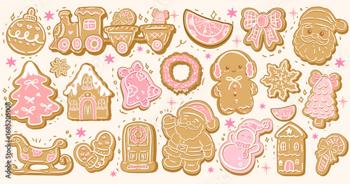 Hand drawn Christmas cookie,Christmas Gingerbread ,Coquette Christmas, Hand drawn Xmas Gingerbread man cookie,Vintage style gingerbread man drawing background for Minimal Christmas vector illustration