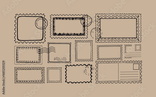 Collection of hand drawn vintage postage stamps and postcards on kraft paper background
