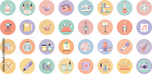 32 Round Badge Icons Set with Pastel Colors for Artistic and Creative Activities