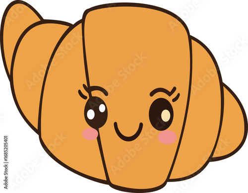 A cute and cheerful illustration of a croissant character with a smiling face. The croissant has large, expressive eyes and rosy cheeks, adding to its adorable charm. This design is perfect for food-r