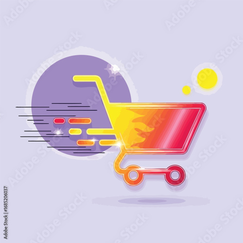 Vector illustration of fast shopping cart icon with flames and motion blur, symbolizing speed and efficiency in online commerce