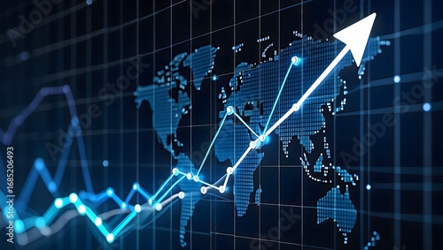 Global market analysis and stock price growth forecast with financial data visualization chart