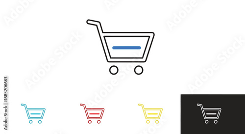 Vector illustration of shopping cart icon with a blue line and multiple color variations on white and