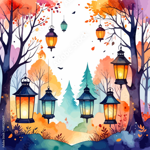 autumnal forest scene with hanging lanterns.