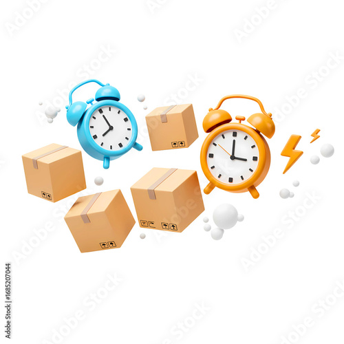 Two retro alarm clocks and cardboard delivery boxes floating in the air isolated on transparent background