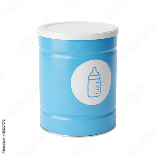 Photo of a blue tin of baby formula with a white lid and a white circle containing a blue outline of a baby bottle, isolated on a transparent background