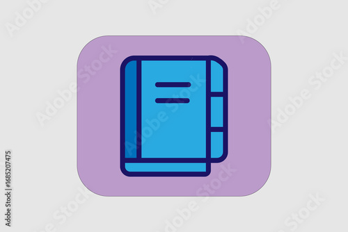 The image shows a blue notebook icon with a tabbed design, placed inside a rounded purple square background.