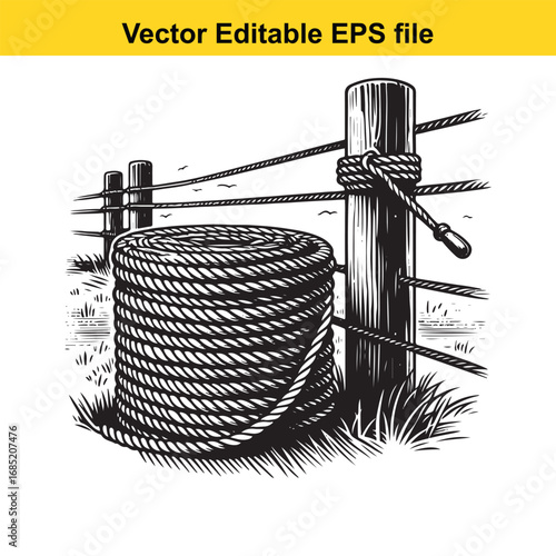 Coil of rope tied to a wooden fence post with grass and a white background