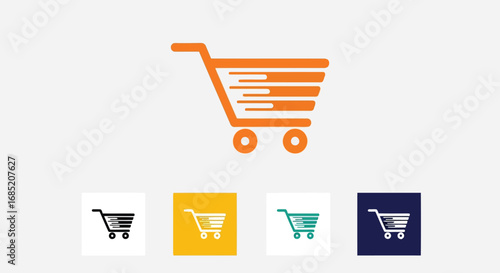 Vector illustration of orange shopping cart icon with motion effect, isolated on gray background, with colorful variations below