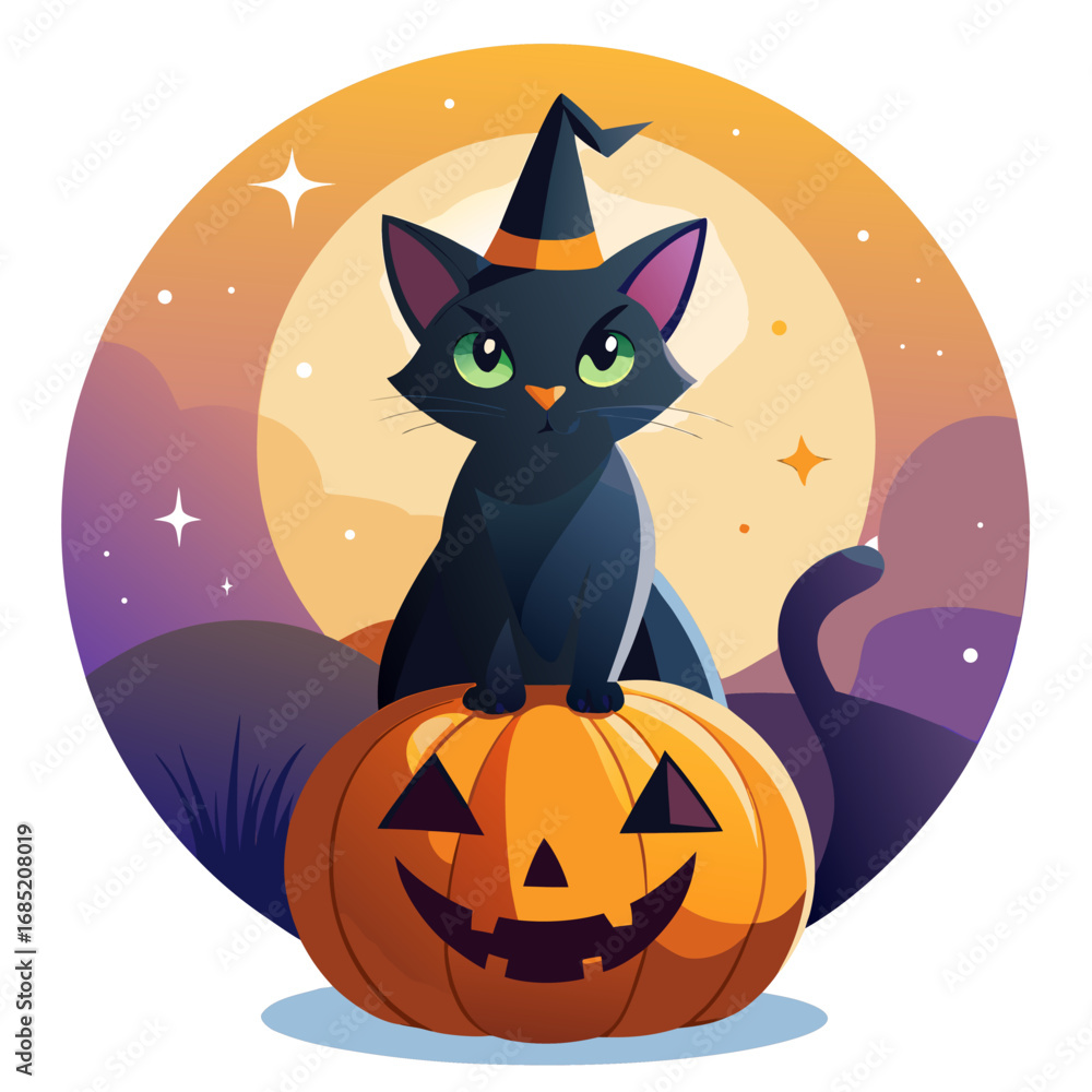 Fototapeta premium Witch s black cat sitting on a colorful pumpkin