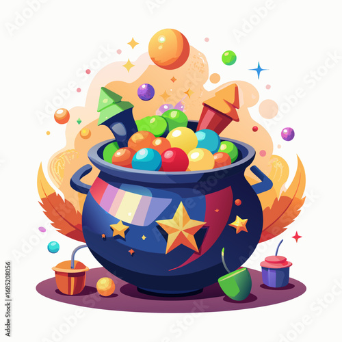 Colorful witch cauldron overflowing with candy