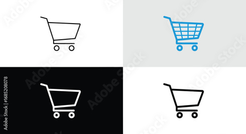 Vector illustration of set of shopping cart icons in different styles and colors, including outline and filled versions, on white, gray, and black backgrounds
