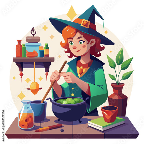 Whimsical cartoon witch brewing a colorful potion