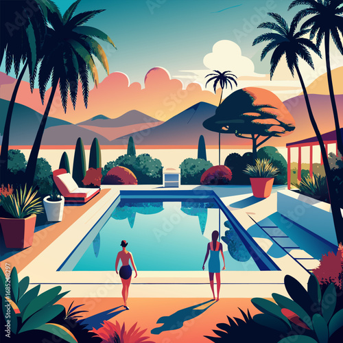 Elegant romantic swimming pool scene with soft lighting