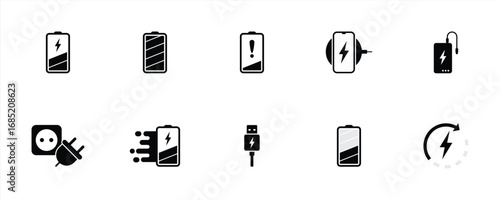 Battery Charging Icon Set – Vector Illustration of Power Bank, Low Battery, Fast Charging, USB Cable, Wireless Charging, Electricity, and Energy Symbols