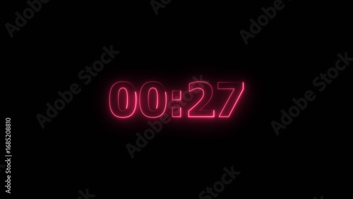 Countdown 27 second neon bright magenta red color 4k illustration. black background 4k illustration.