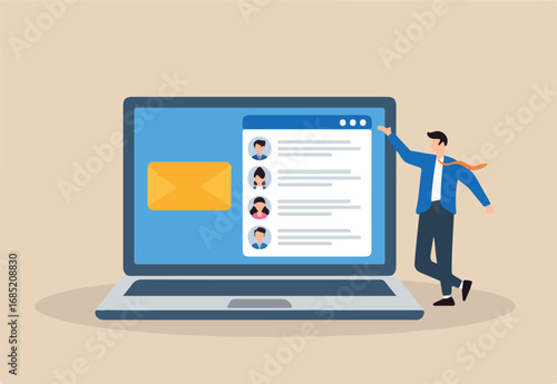 Flat illustration of businessman managing email campaign with laptop, envelope icon, and mailing list for digital marketing	