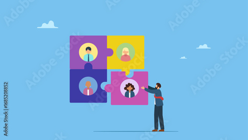 Businessman connect jigsaw piece to complete teamwork partnership. Teamwork connection, jigsaw puzzle to complete team success, coworker, team member or colleague to help and support team unity.