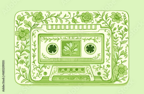 Floral Cassette Tape Illustration. Vintage musical vibes. Vintage Audio Tape. Nostalgic Retro Cassette. Botanical Ornament Illustration. Audio singing music. 