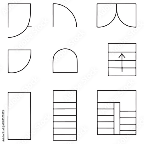 Doors, stairs for floor plan top view. Architectural elements set for apartment scheme. vector silhouette
