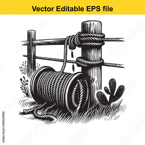 Rope coiled on a spool tied to a wooden post with a fence in the background