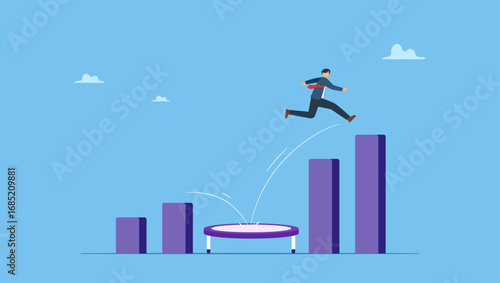 Businessman jumping from trampoline back to top of growing bar graph. Business challenge, revenue rebound and recover from economic crisis or earning and profit growth jump from bottom.