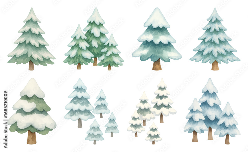 Fototapeta premium PNG Watercolor snowy pine trees illustration, element set on transparent background