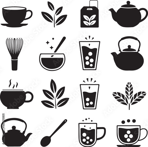Set of tea and beverage icons in black silhouette tea cup saucer