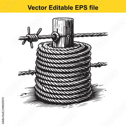 Coiled rope with barbed wire wrapped around a wooden post, vector illustration