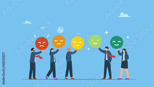 Customer or employee with emoji emotion as user satisfaction. Satisfaction rating, customer feedback review or client survey, employee emotion raking, angry, sad or like, marketing review.