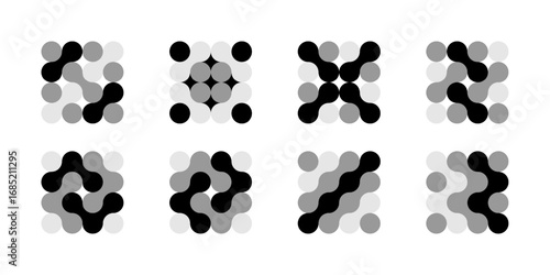 Abstract connected circles and dots icon. Integrate innovate logo, vector technology shape. Neuron Nano molecula, artificial brain symbol. Network science data, metaball design. Organic medical liquid