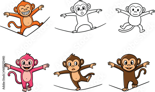 Cartoon monkeys walking on tightrope in playful poses, cute animal characters for kids, fun circus or activity illustration set for education