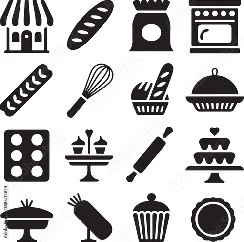 Black Silhouette Icons for Bakery Shop and Baking Ingredients bread baguette