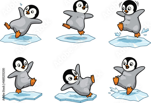 Cute cartoon penguin slipping and falling on ice in funny poses, playful winter animal character illustration set for kids and humor