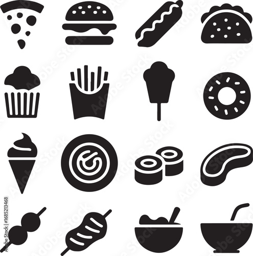 Collection of popular fast food and sweet treat icons pizza burger