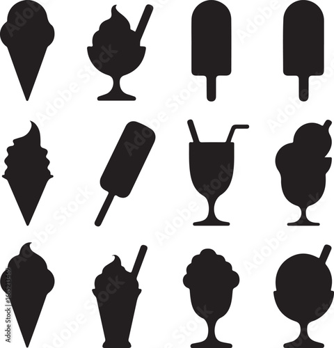 Collection of ice cream and frozen dessert icons in silhouette ice cream cone ice cream sundae