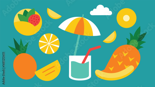 Assorted Tropical Fruits And Refreshments On Teal Background summer pineapple