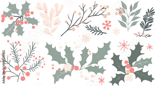 Collection of delicate hand drawn botanical elements featuring holly branches berries and floral accents
