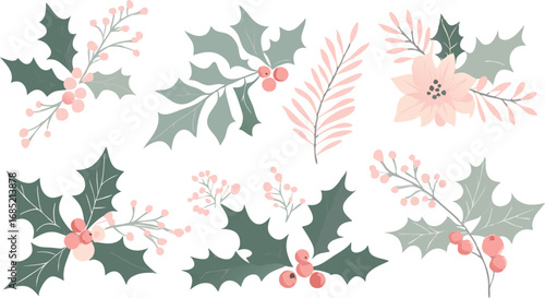 Elegant christmas holly sprigs with delicate pink flowers and berries in a festive arrangement
