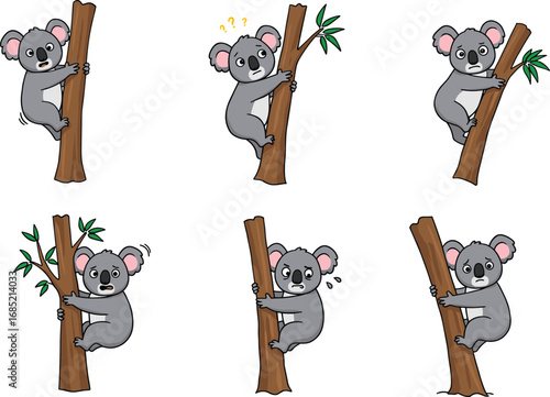 Expressive cartoon koala clinging to tree, cute Australian animal mascot showing emotions, fun wildlife character illustration for kids and storytelling designs