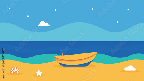 Beach Scene With Yellow Boat Seashell And Starfish ocean water