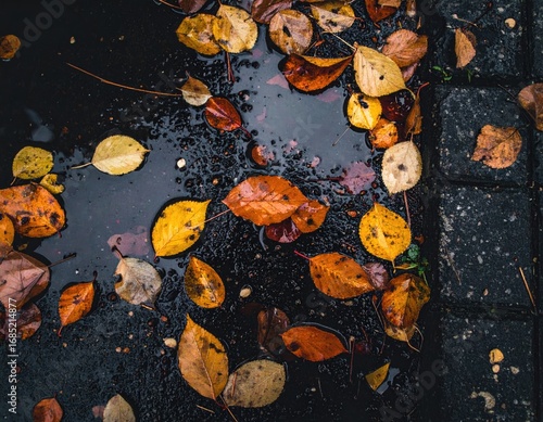 Wallpaper Mural Colorful autumn leaves float in dark puddles on wet pavement, capturing the essence of a rainy fall day. Torontodigital.ca