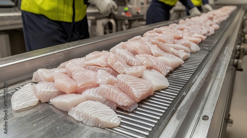 Fresh fish fillets are neatly arranged on a conveyor belt in a processing facility, indicating preparation for packaging or distribution.